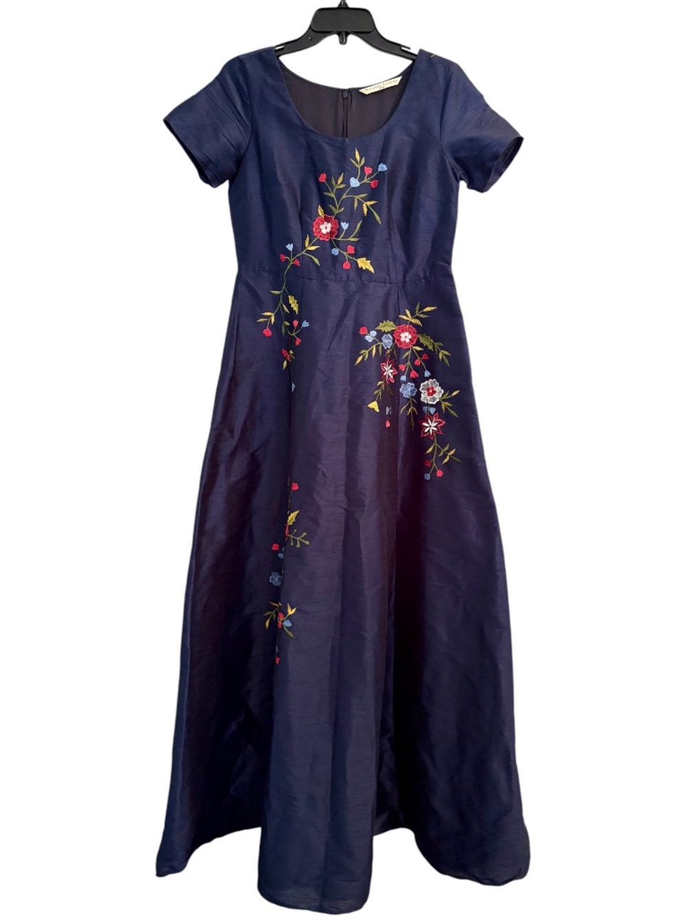 Eshakti Wayward Fancies Floral Embroidery Dupioni Empire Maxi Dress Navy